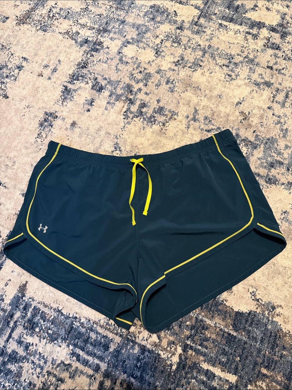 Under Armour Women’s Dark Teal Running Shorts with Yellow Trim